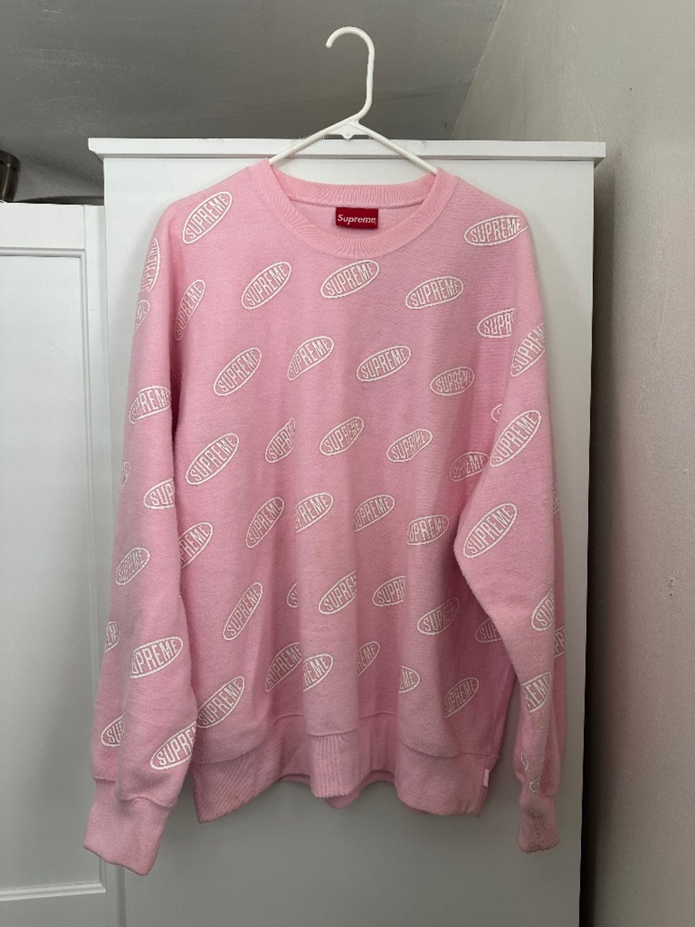Supreme All-Over Logo Crewneck – Soft Pink – Size Large - Unisex